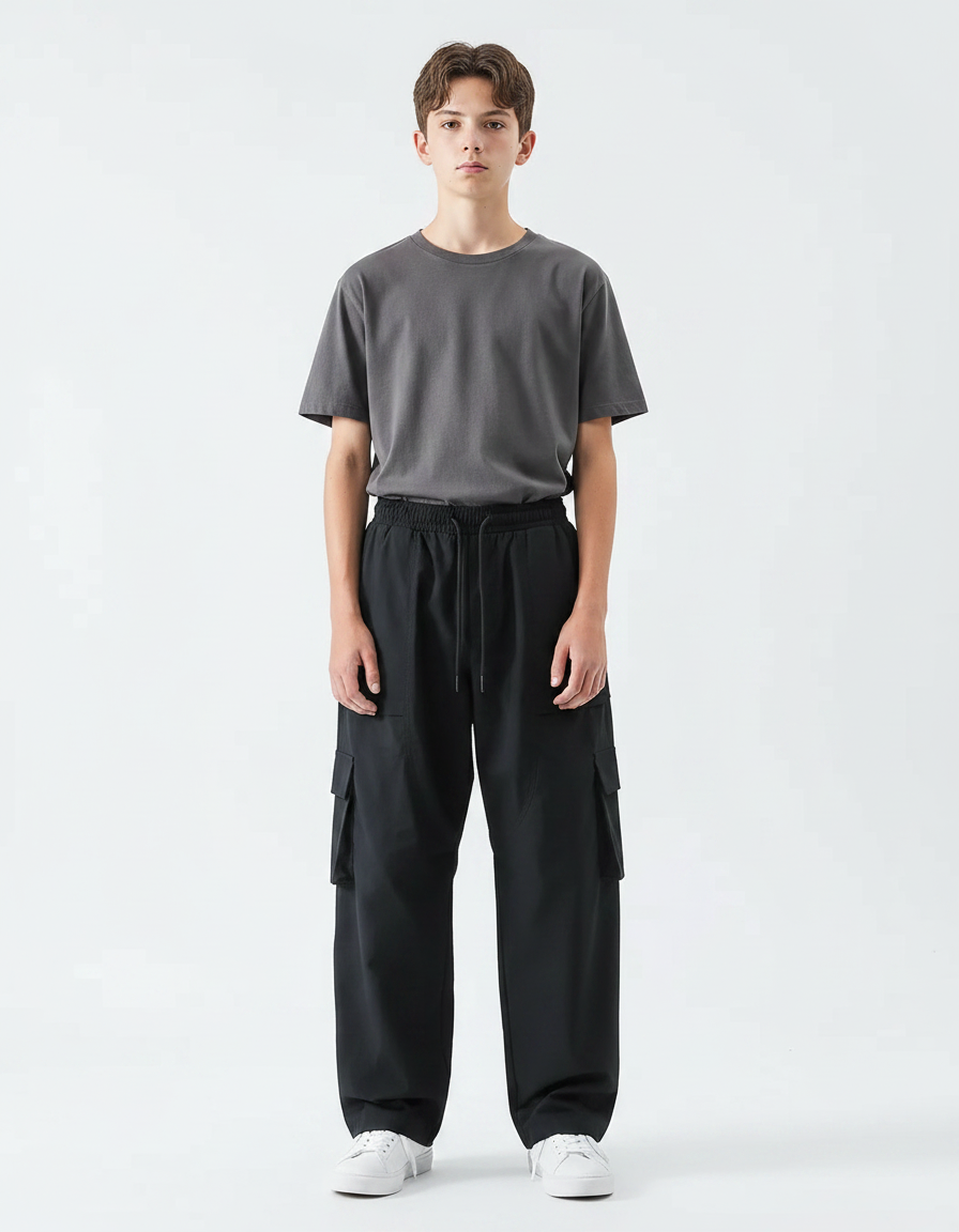 Pantalon Parachute Noir Ample Cargo Cordon Garçon - Polyester
