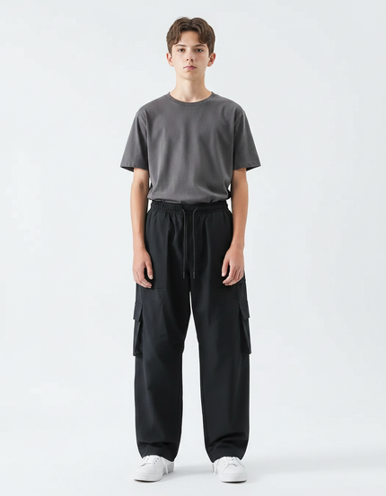 Pantalon Parachute Noir Ample Cargo Cordon Garçon - Polyester