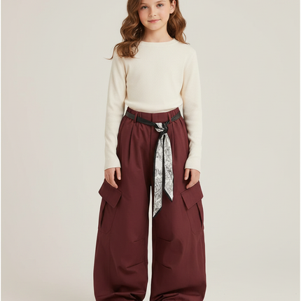 Pantalon Parachute Bordeaux Cargo Ample Ceinturé Fille - Gabardine