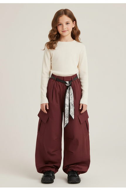 Pantalon Parachute Bordeaux Cargo Ample Ceinturé Fille - Gabardine