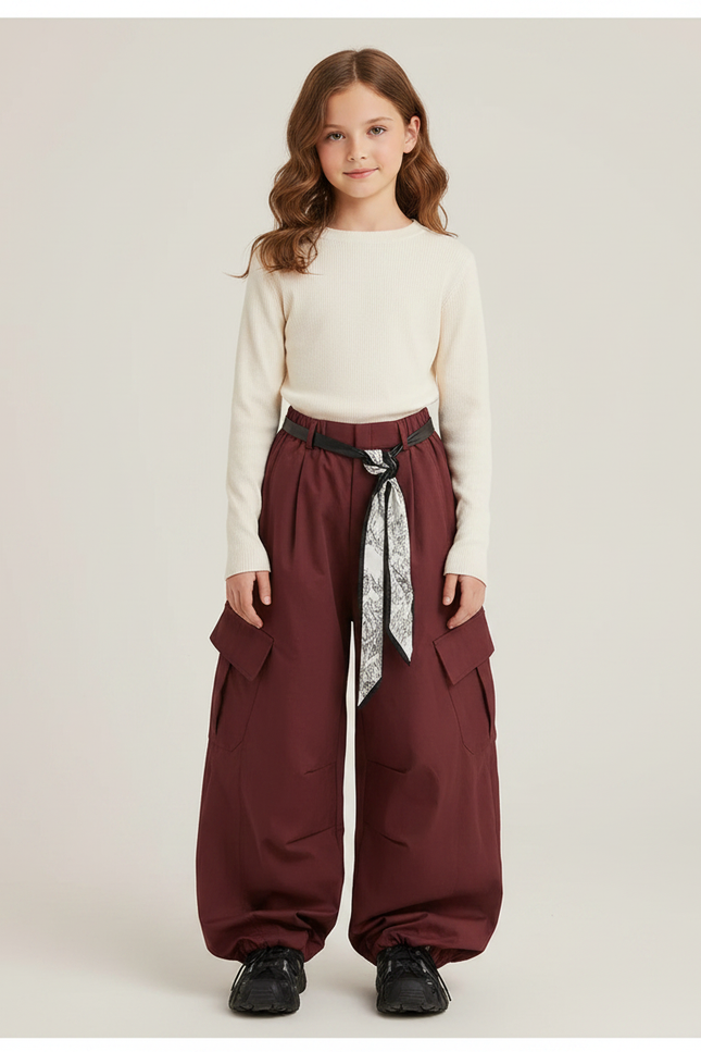 Pantalon Parachute Bordeaux Cargo Ample Ceinturé Fille - Gabardine