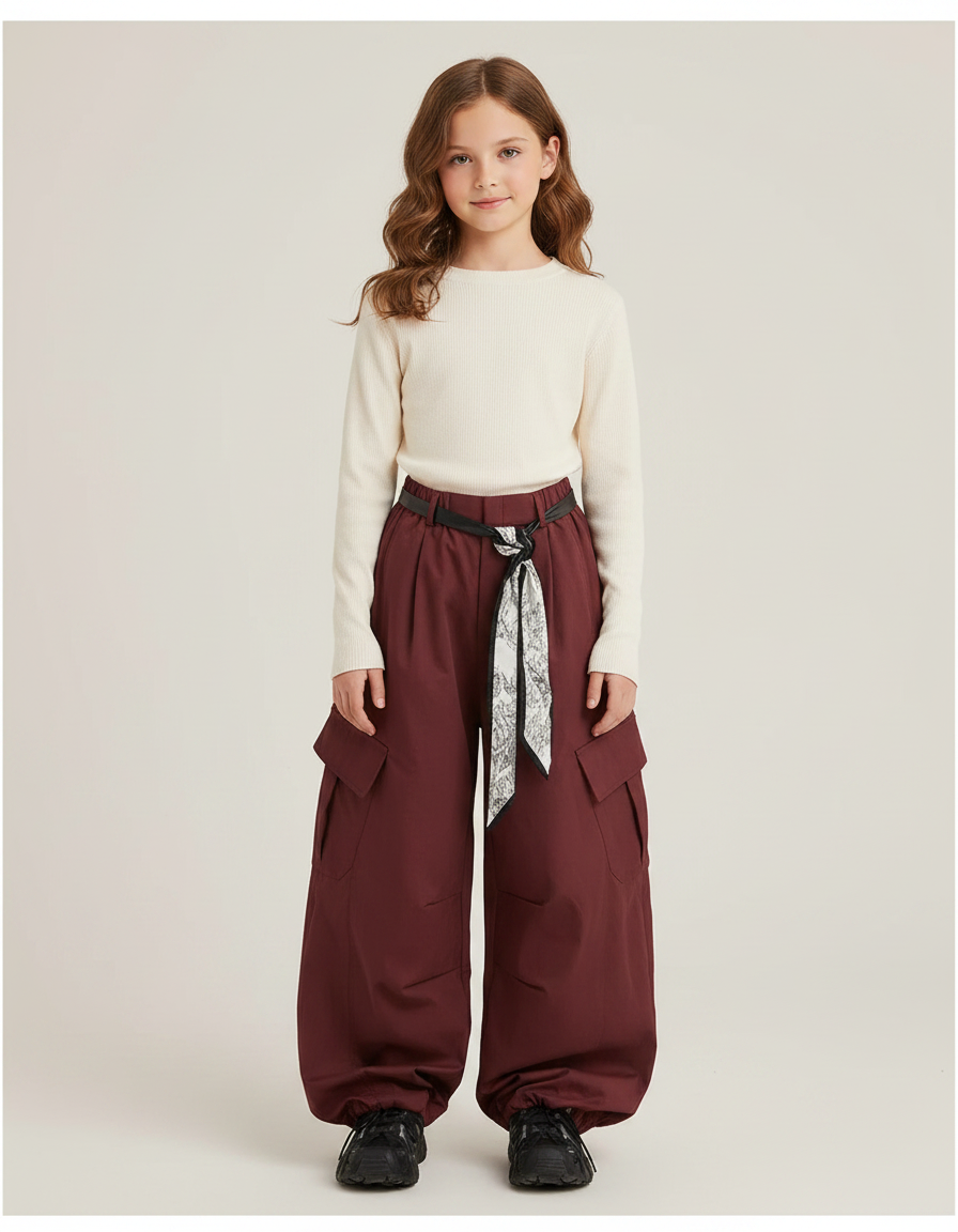 Pantalon Parachute Bordeaux Cargo Ample Ceinturé Fille - Gabardine