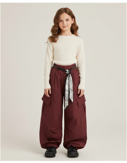 Pantalon Parachute Bordeaux Cargo Ample Ceinturé Fille - Gabardine