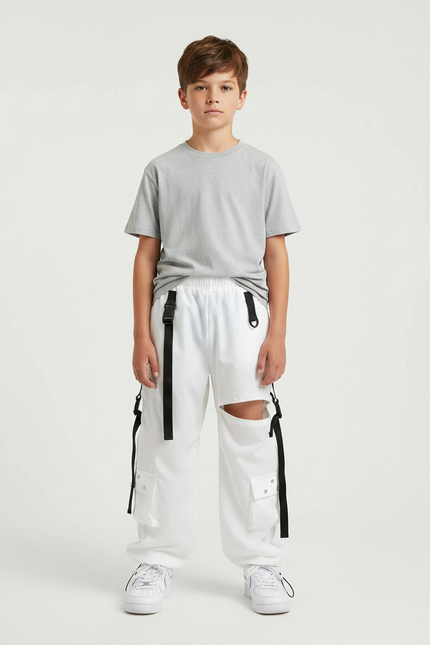 Pantalon Parachute Garçon Blanc Cargo - Polyester