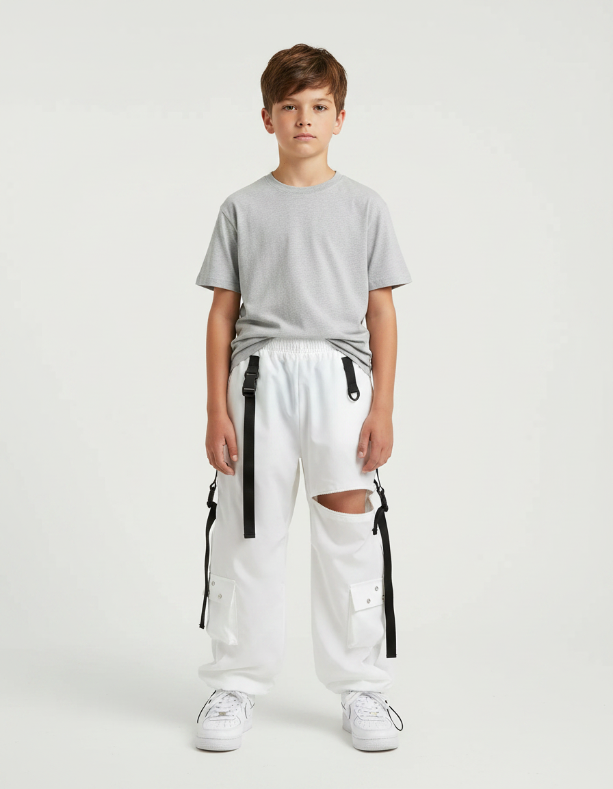 Pantalon Parachute Garçon Blanc Cargo - Polyester