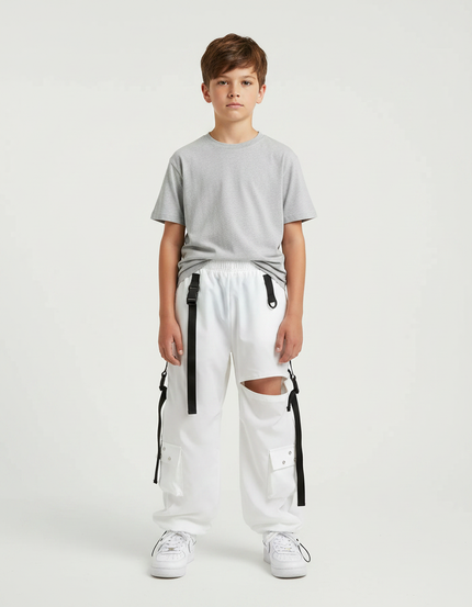 Pantalon Parachute Garçon Blanc Cargo - Polyester