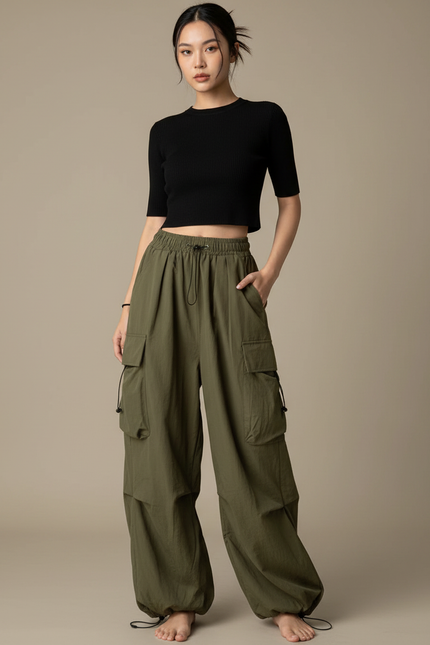 Pantalon Parachute Kaki Cargo Ample Fluide Femme - Polyester