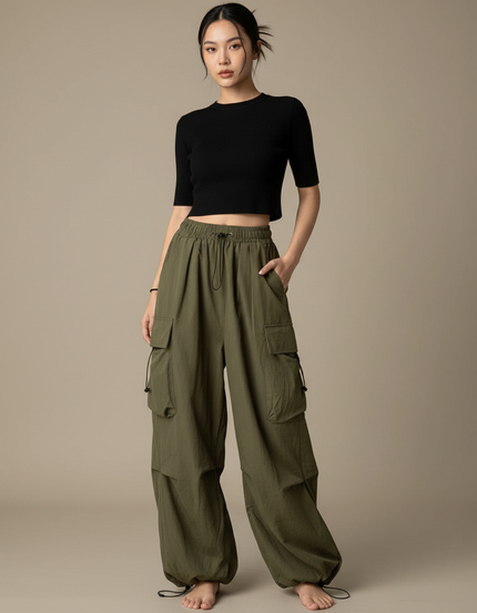 Pantalon Parachute Kaki Cargo Ample Fluide Femme - Polyester