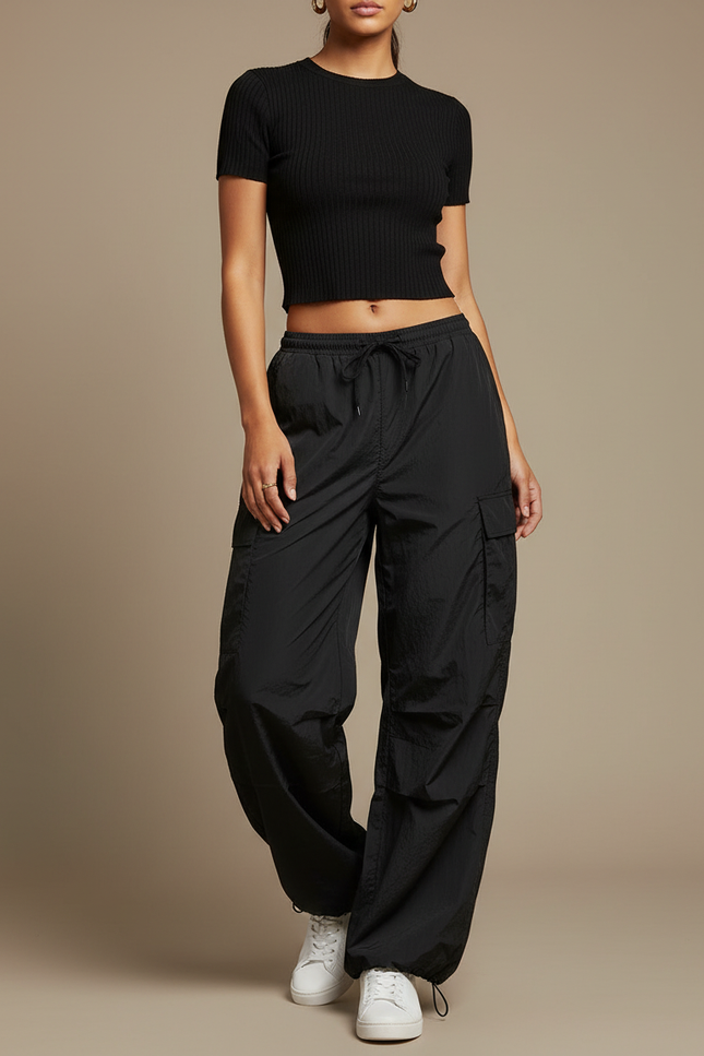 Pantalon Parachute Noir Cargo Ample Sport Femme - Polyester