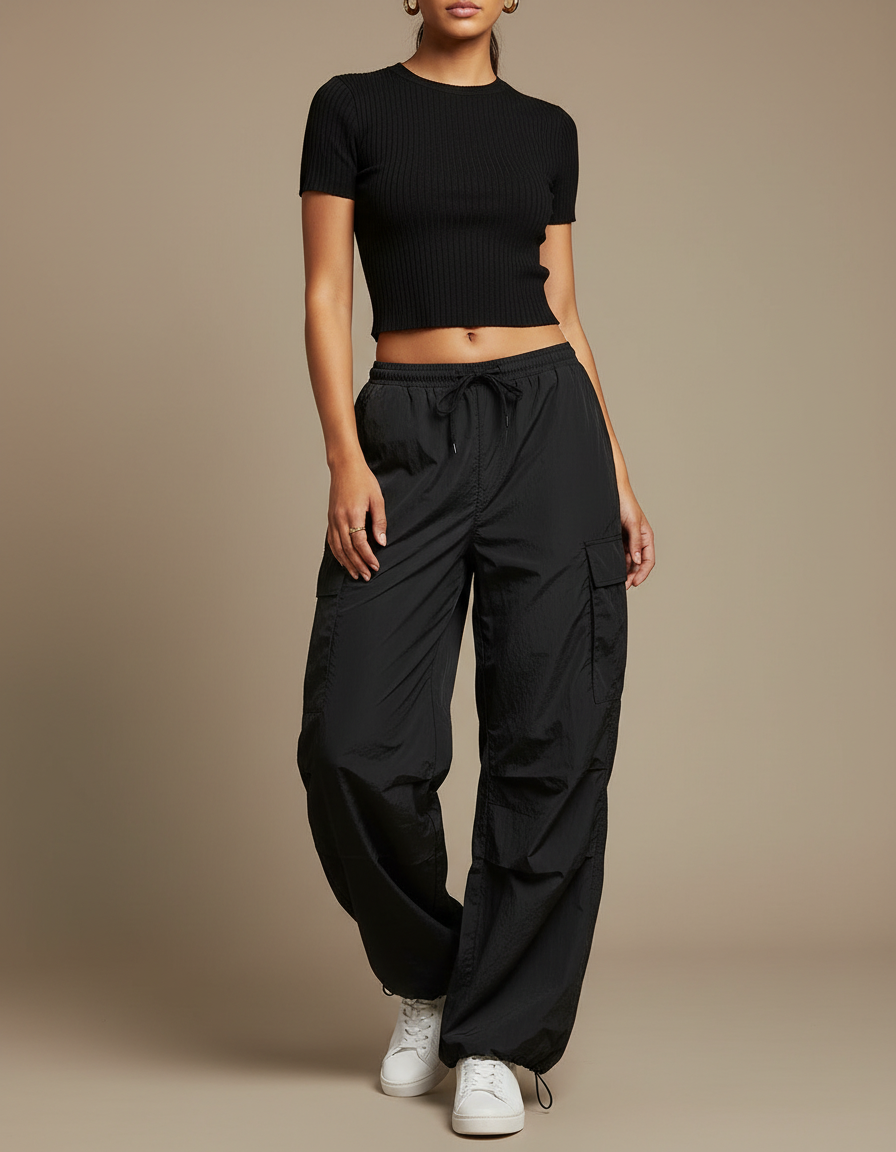 Pantalon Parachute Noir Cargo Ample Sport Femme - Polyester
