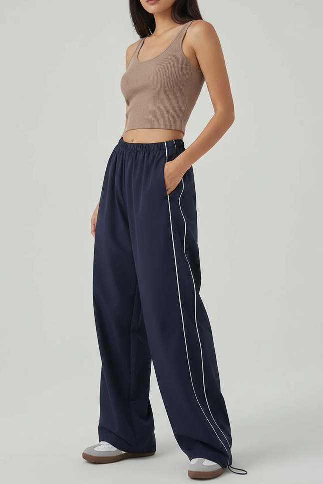 Pantalon Parachute Bleu Marine Ample Décontracté Rayures Latérales - Polyester