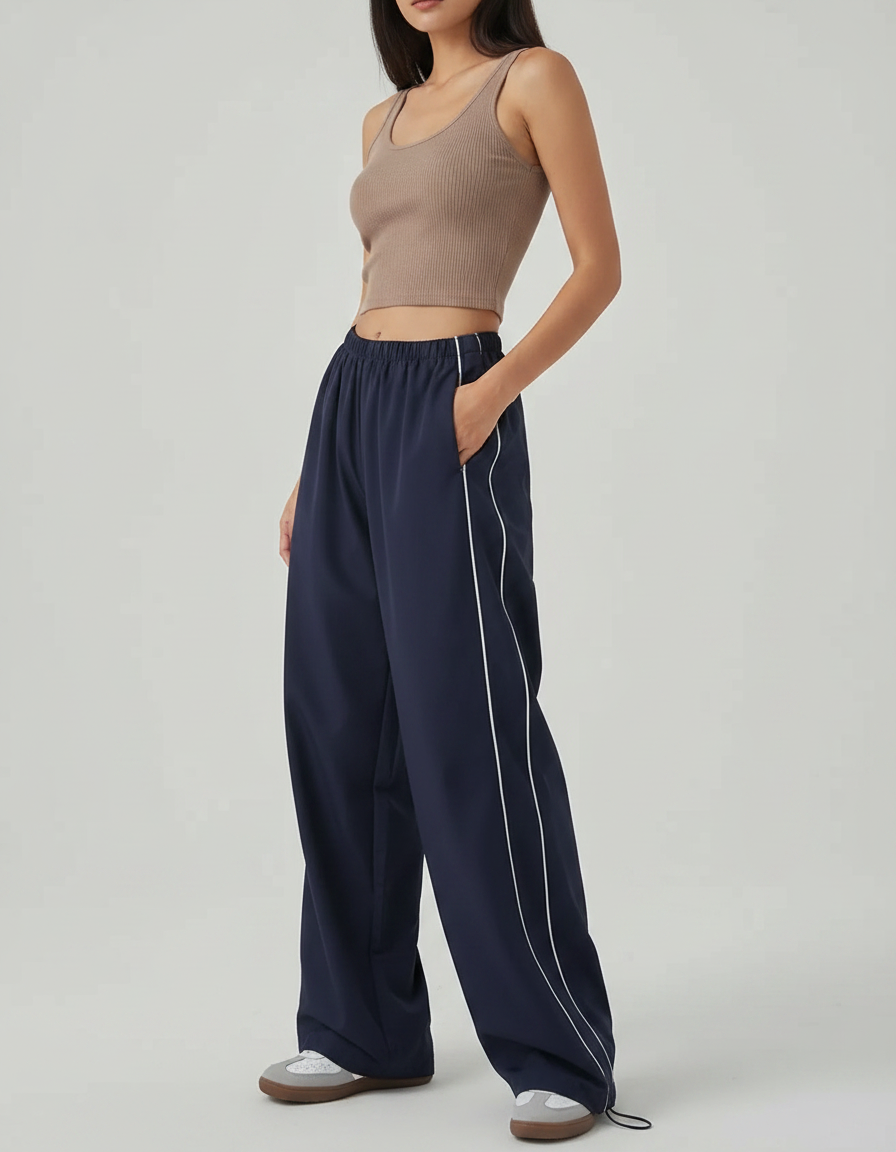 Pantalon Parachute Bleu Marine Ample Décontracté Rayures Latérales - Polyester
