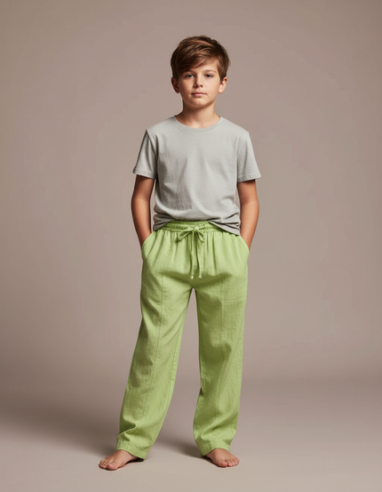 Pantalon Parachute Vert Lin Ample Enfant Décontracté