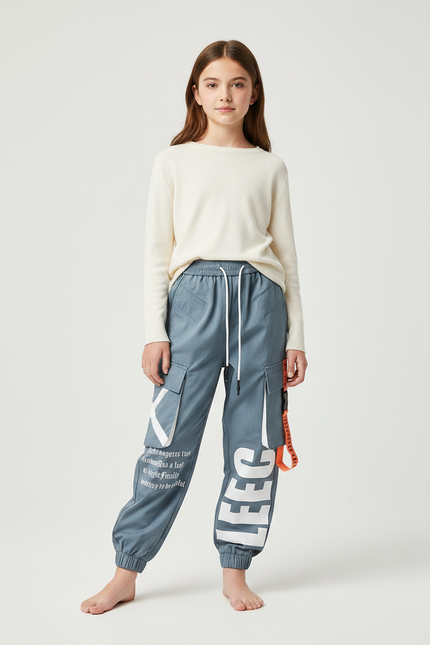 Pantalon Parachute Cargo Bleu Imprimé Ample Décontracté - Toile