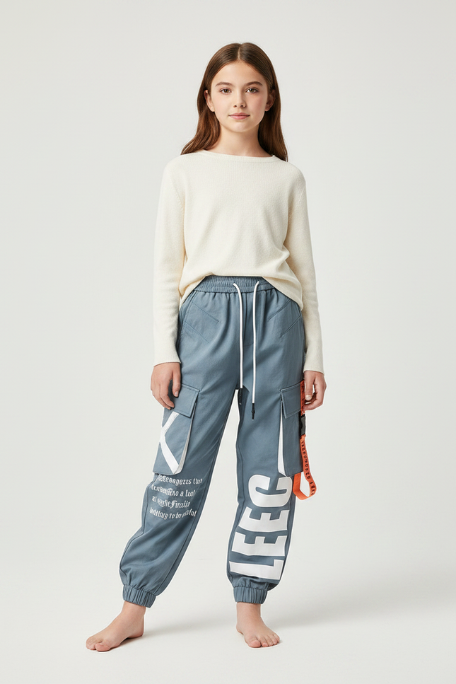 Pantalon Parachute Cargo Bleu Imprimé Ample Décontracté - Toile