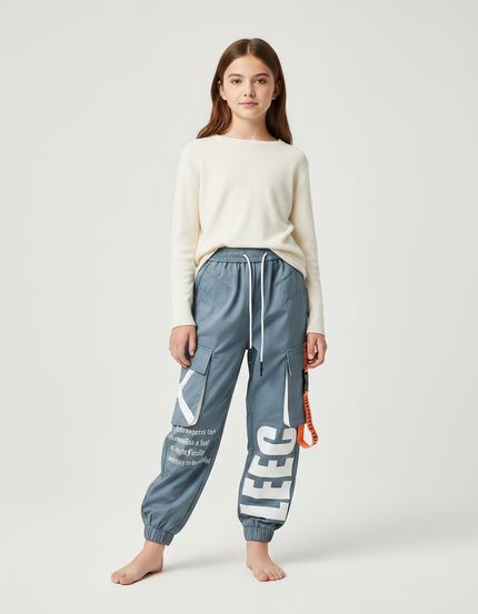 Pantalon Parachute Cargo Bleu Imprimé Ample Décontracté - Toile
