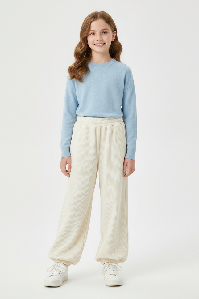 Pantalon Parachute Crème Côtelé Ample Confortable Fille - Beige Cordé