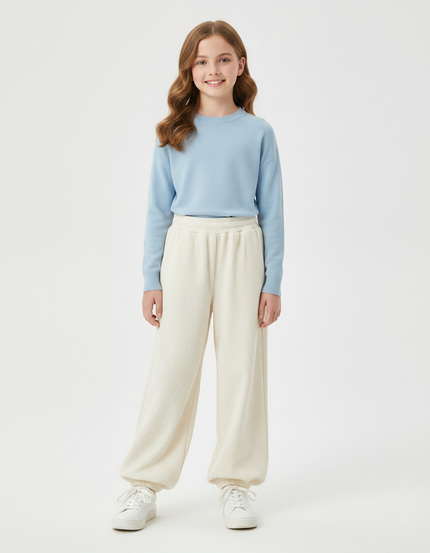 Pantalon Parachute Crème Côtelé Ample Confortable Fille - Beige Cordé