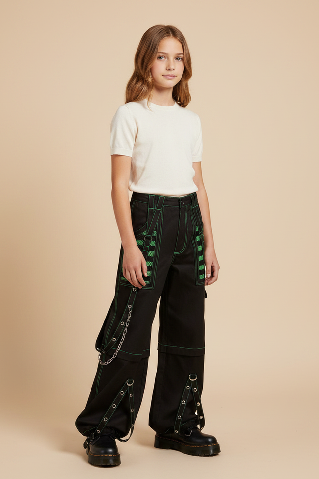 Pantalon Parachute Noir Cargo Ample Vert Fille - Toile