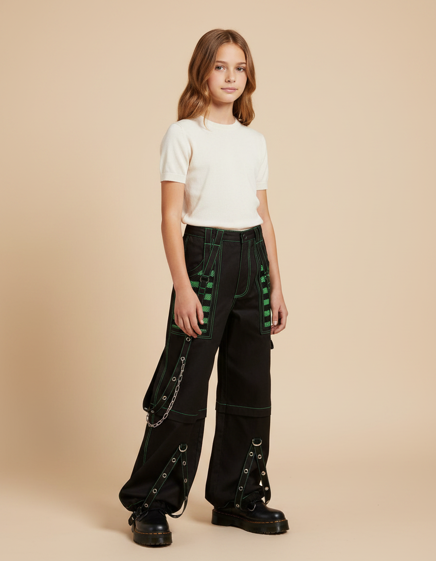 Pantalon Parachute Noir Cargo Ample Vert Fille - Toile