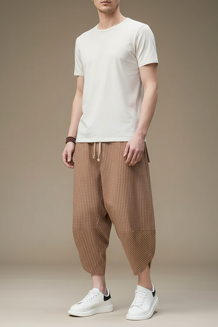 Pantalon Parachute Marron Plissé Ample Décontracté Homme - Maille
