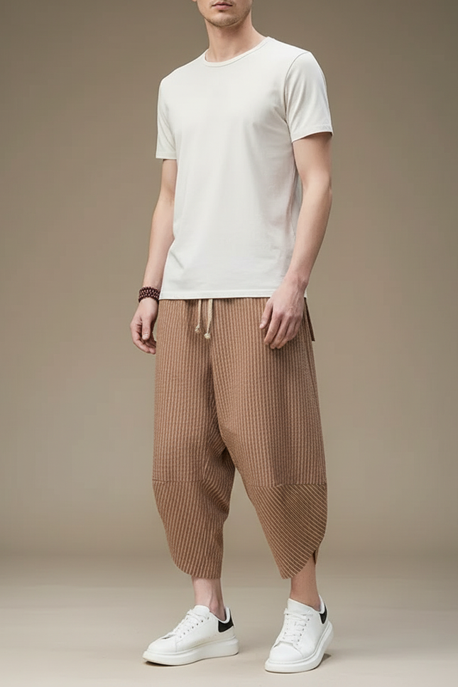 Pantalon Parachute Marron Plissé Ample Décontracté Homme - Maille