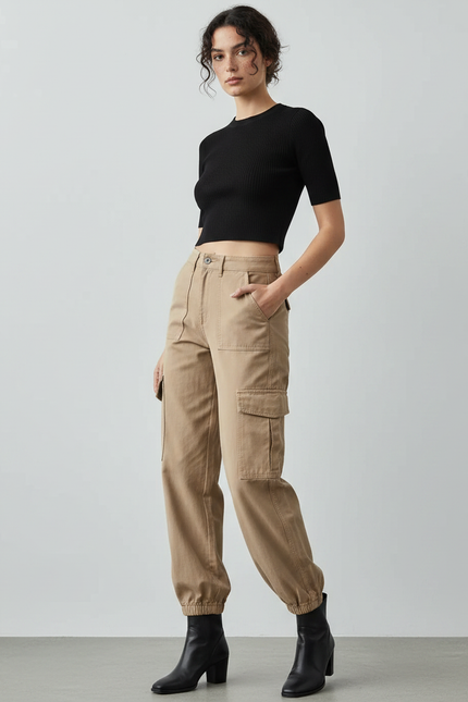 Pantalon Parachute Beige Cargo Ample Cordon Fluide - Toile
