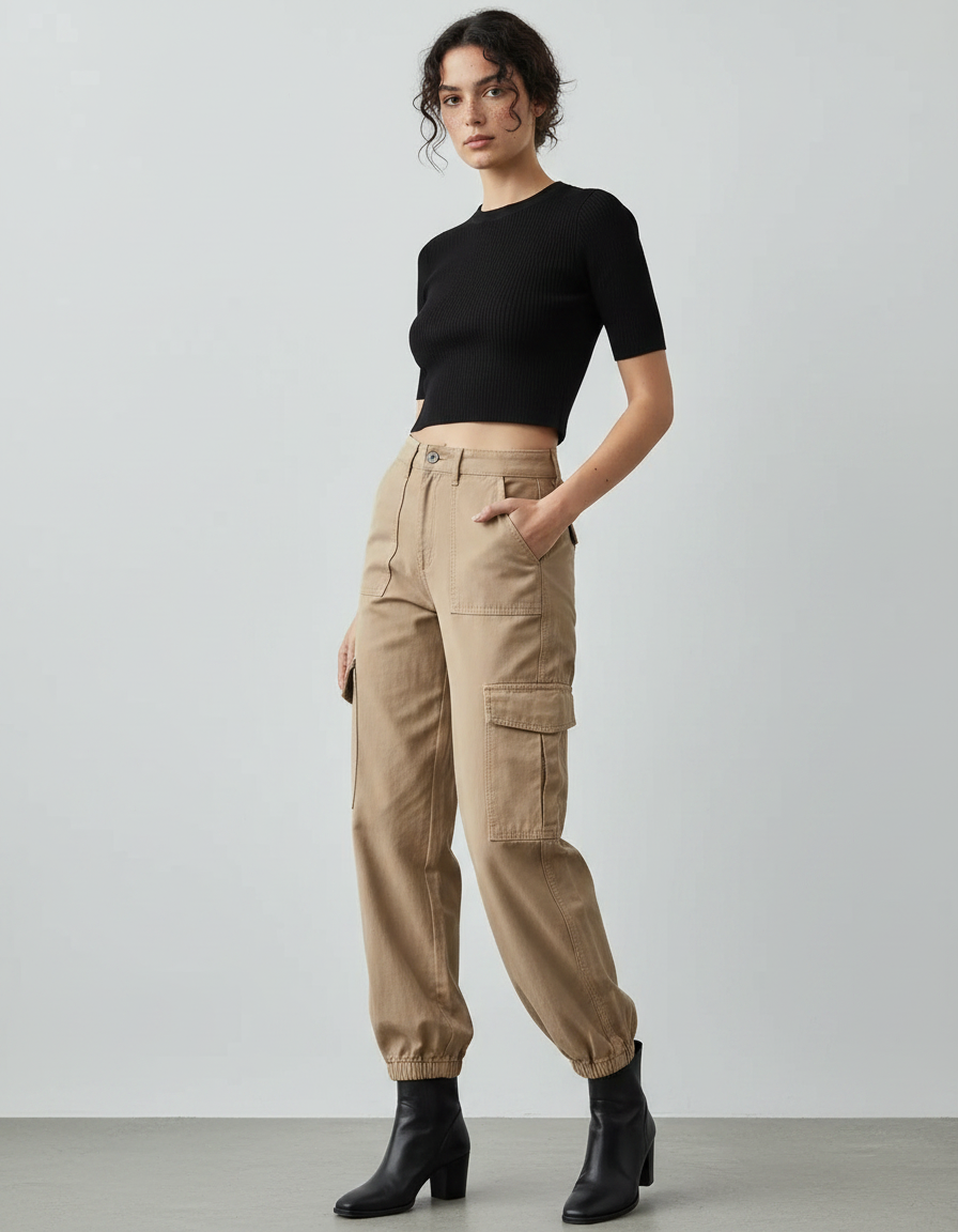 Pantalon Parachute Beige Cargo Ample Cordon Fluide - Toile