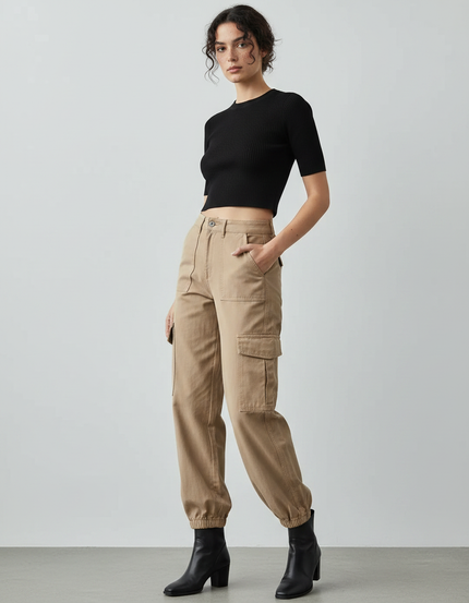Pantalon Parachute Beige Cargo Ample Cordon Fluide - Toile