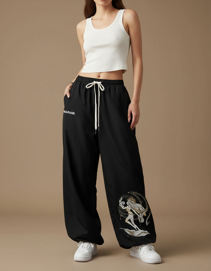 Pantalon Parachute Noir Ample Motif Mythologique Cordon - Polyester