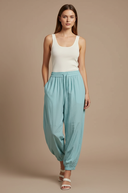 Pantalon Parachute Bleu Ciel Fluide Décontracté Cordon Femme - Viscose