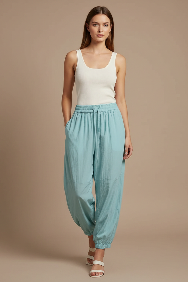 Pantalon Parachute Bleu Ciel Fluide Décontracté Cordon Femme - Viscose