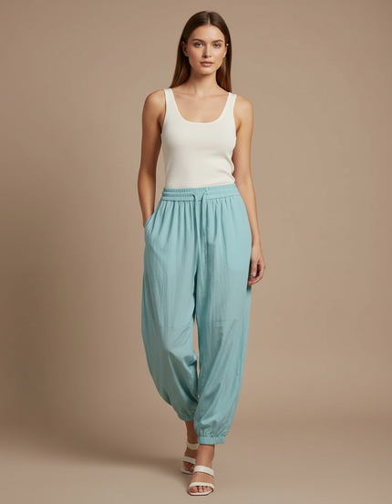 Pantalon Parachute Bleu Ciel Fluide Décontracté Cordon Femme - Viscose