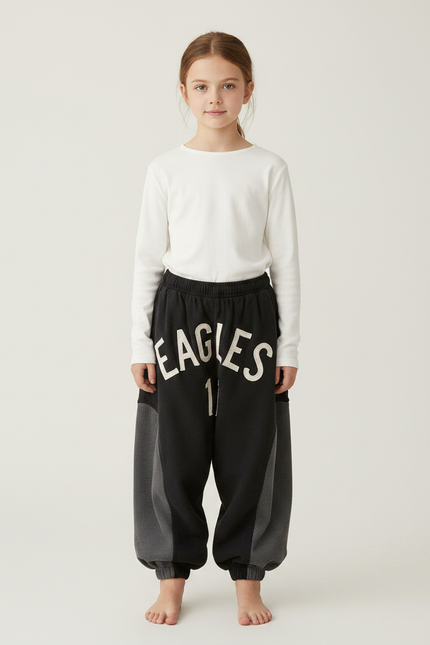 Pantalon Parachute Noir Ample Molletonné Imprimé Fille