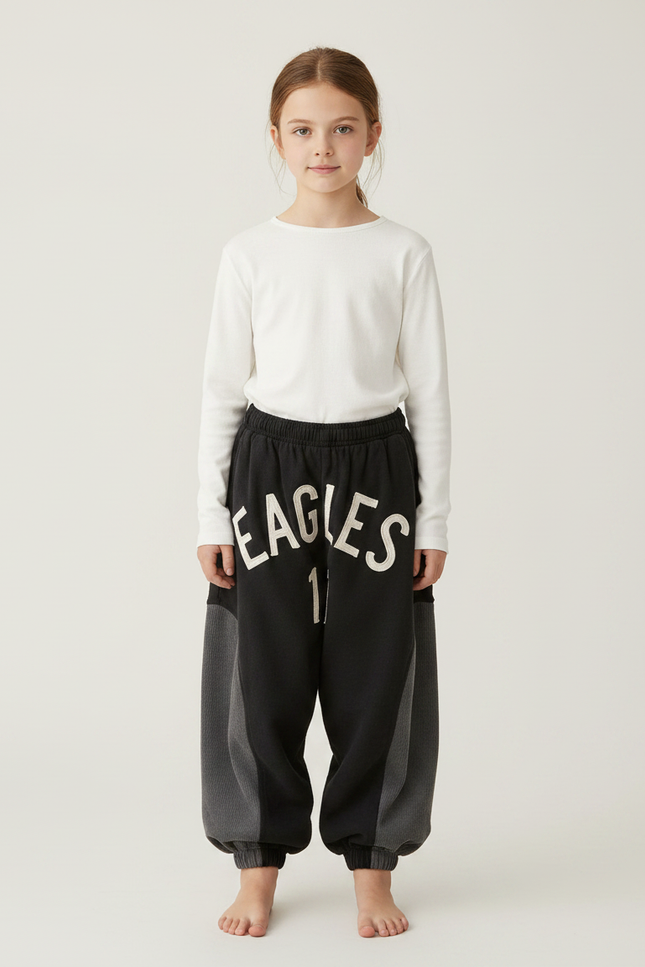 Pantalon Parachute Noir Ample Molletonné Imprimé Fille