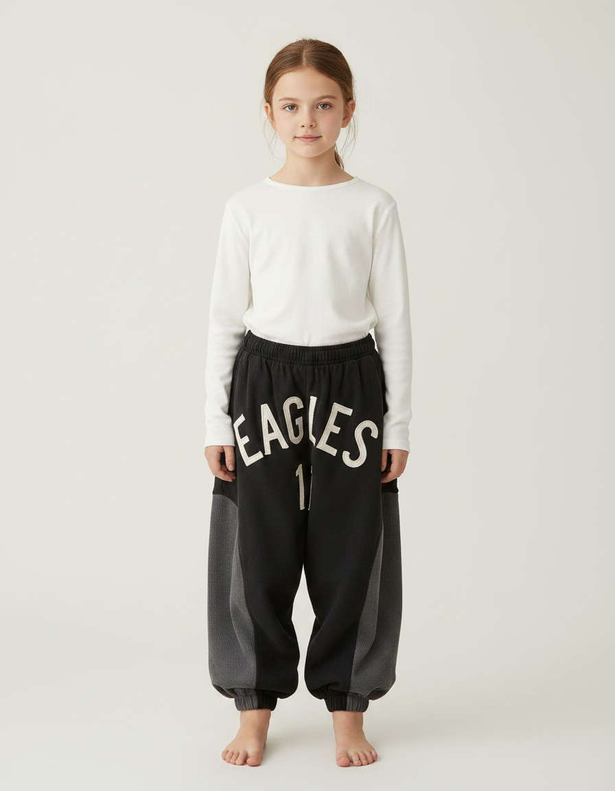 Pantalon Parachute Noir Ample Molletonné Imprimé Fille