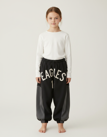 Pantalon Parachute Noir Ample Molletonné Imprimé Fille