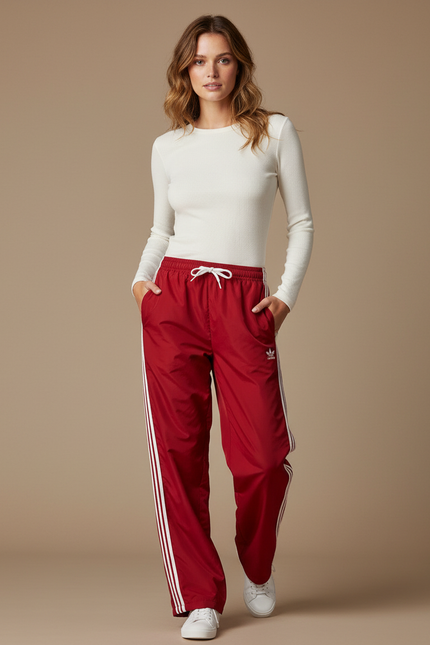 Pantalon Parachute Rouge Ample Rayures Sport - Polyester