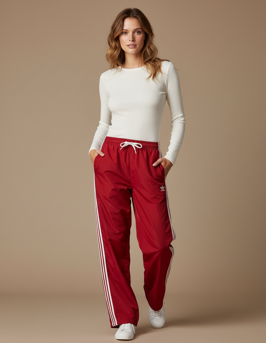 Pantalon Parachute Rouge Ample Rayures Sport - Polyester