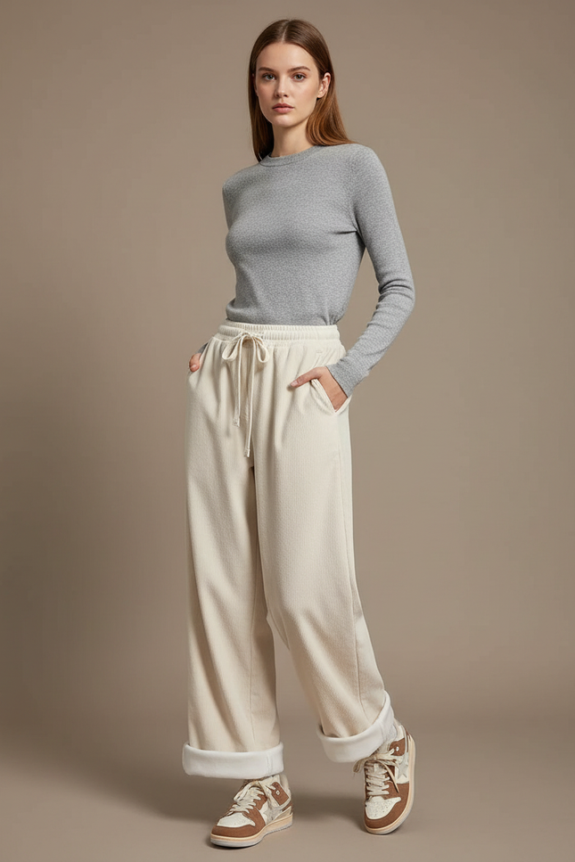 Pantalon Parachute Crème Côtelé Ample Doublé Polaire - Beige Cordé