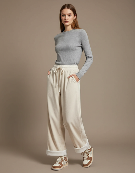 Pantalon Parachute Crème Côtelé Ample Doublé Polaire - Beige Cordé