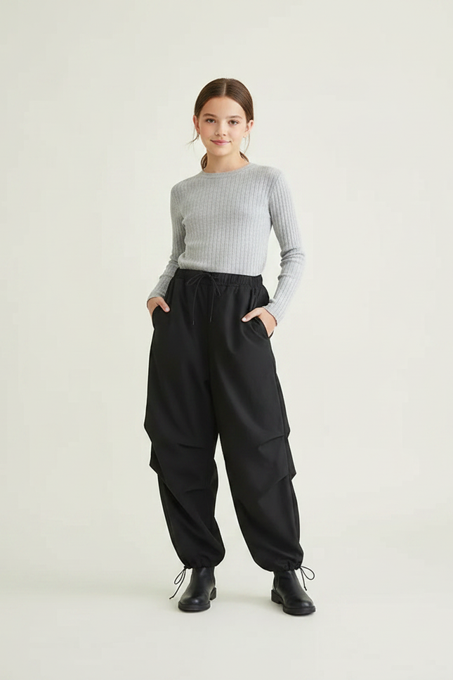 Pantalon Parachute Noir Ample Cargo Femme Chic - Polyester