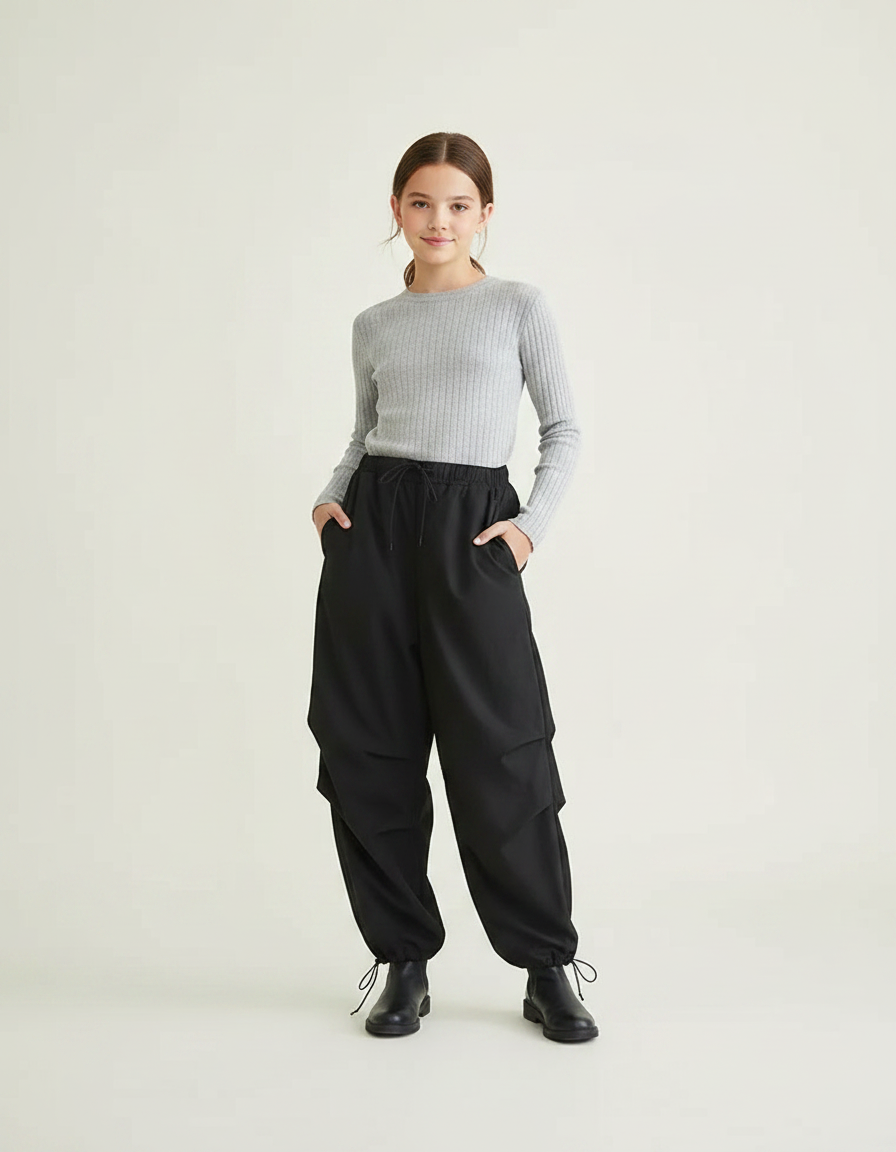 Pantalon Parachute Noir Ample Cargo Femme Chic - Polyester