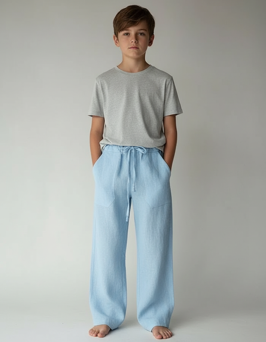 Pantalon Parachute Bleu Ciel Ample Lin Enfant Décontracté