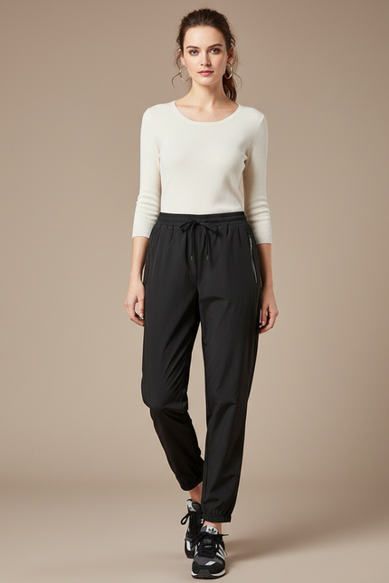Pantalon Parachute Noir Fluide Décontracté Femme - Polyester
