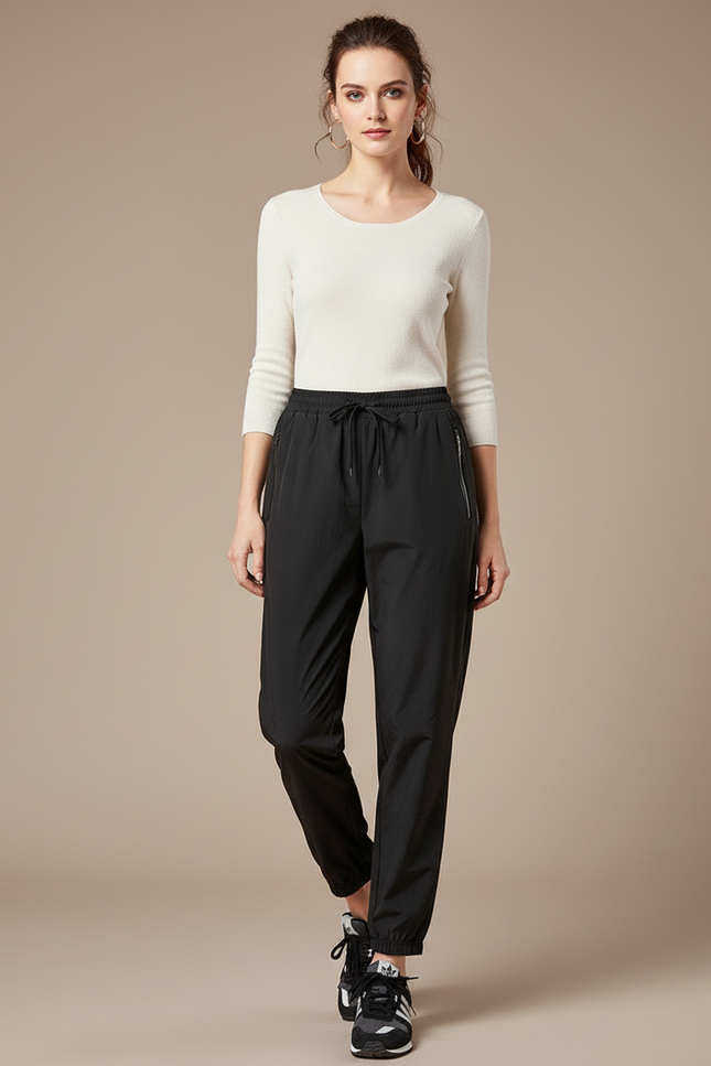 Pantalon Parachute Noir Fluide Décontracté Femme - Polyester
