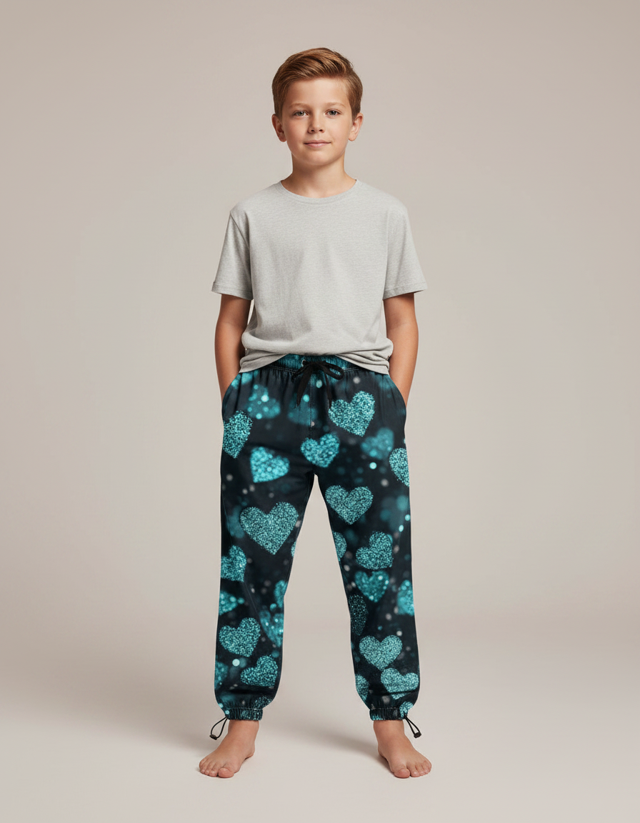 Pantalon Parachute Noir Cœurs Scintillants Garçon Décontracté - Polyester