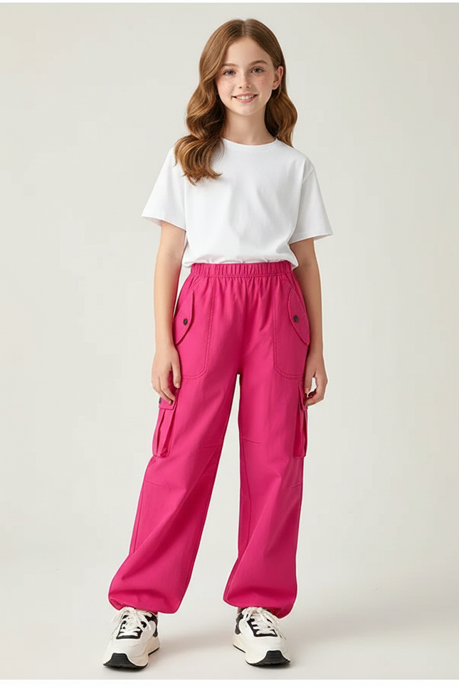 Pantalon Parachute Rose Vif Ample Cargo Femme - Toile
