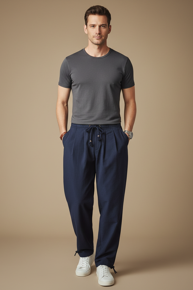 Pantalon Parachute Bleu Marine Ample Cordon Homme - Lin