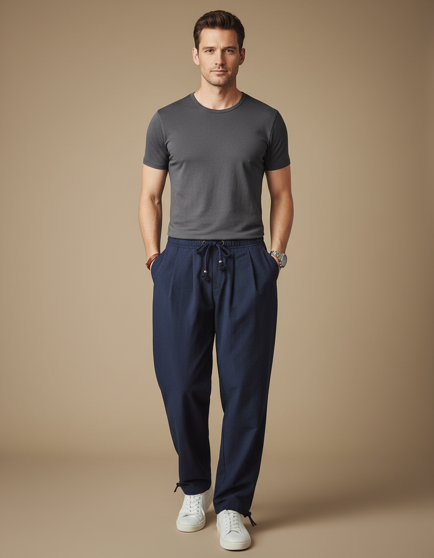 Pantalon Parachute Bleu Marine Ample Cordon Homme - Lin